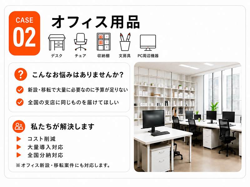 活用事例2 オフィス用品（デスク・チェア・収納棚・文房具・PC周辺機器）の輸入代行
