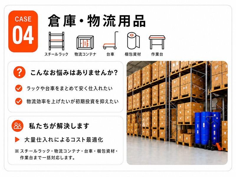 活用事例4 倉庫・物流用品（スチールラック・物流コンテナ・台車・梱包資材・作業台）の輸入代行