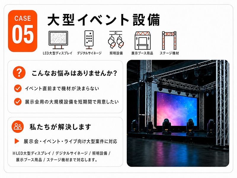 活用事例5 大型イベント設備（LED大型ディスプレイ・デジタルサイネージ・照明設備・展示ブース用品・ステージ機材）の輸入代行